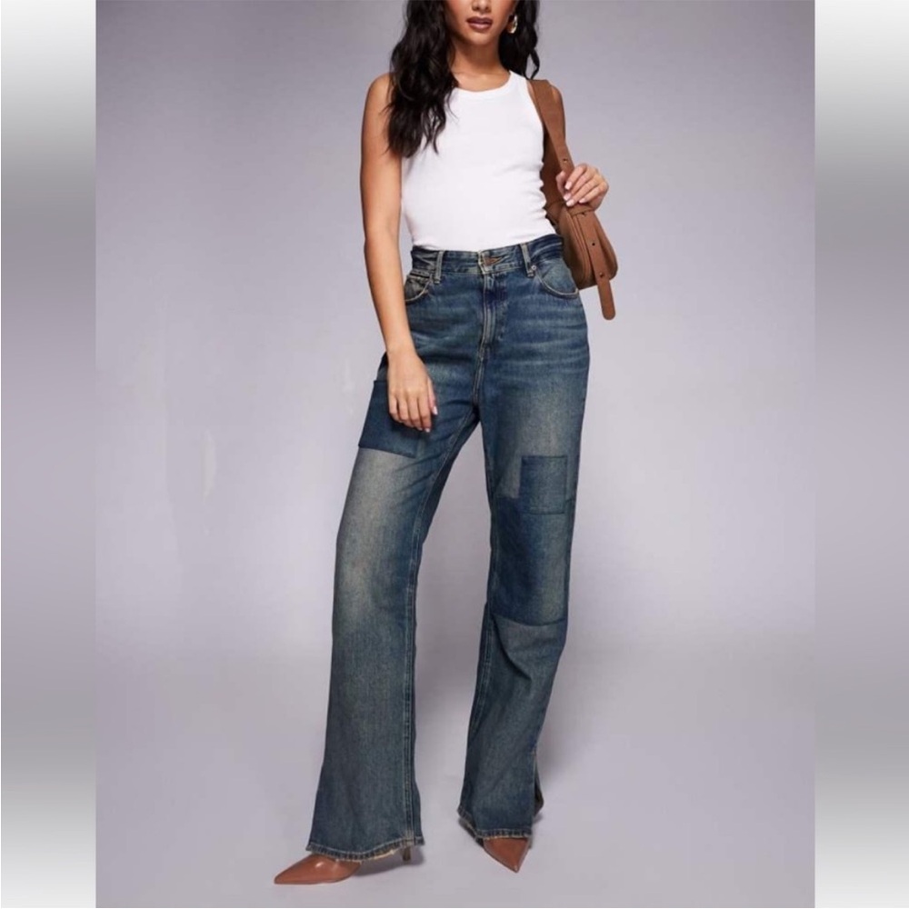 Good American Mid-Blue Patchwork Straight-Leg Jeans